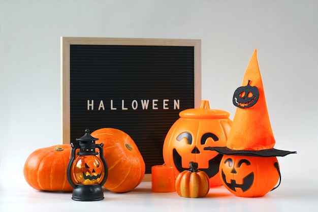 Various cute Halloween decoration on white background