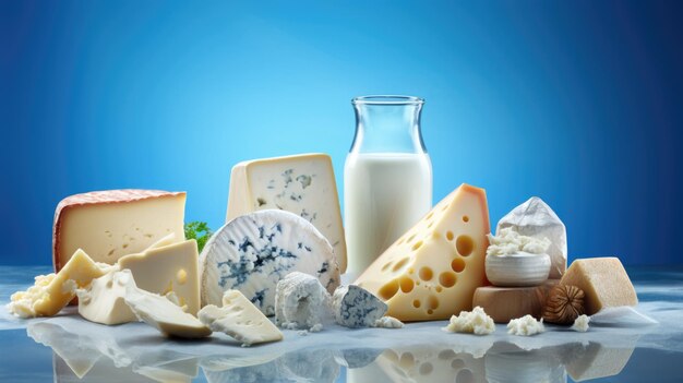 Various dairy products on blue background