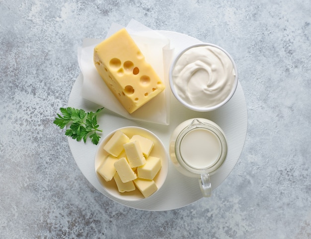 Various dairy products, top view