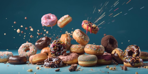 Various decorated donuts in motion falling on blue background