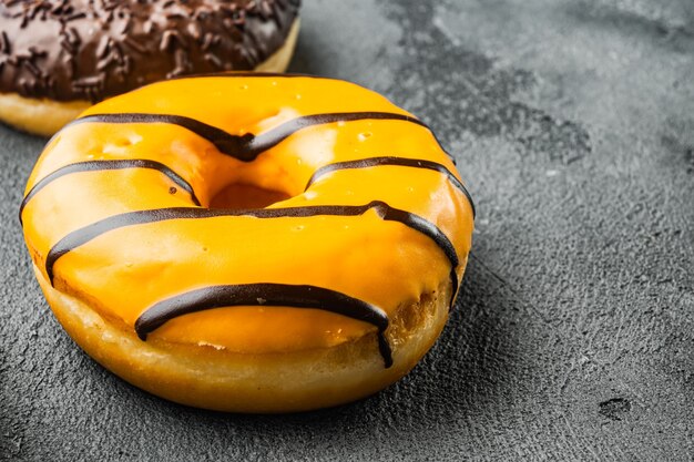 Various decorated donuts with colorful glaze