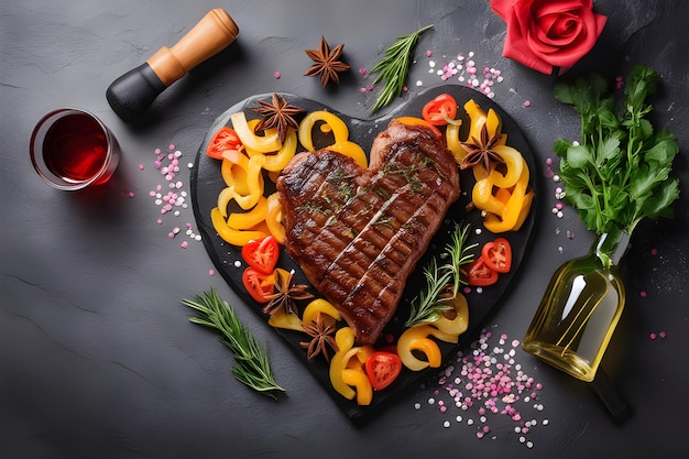 Photo various degrees of doneness heartshaped beef steak with spices flowers photo playground ai platform