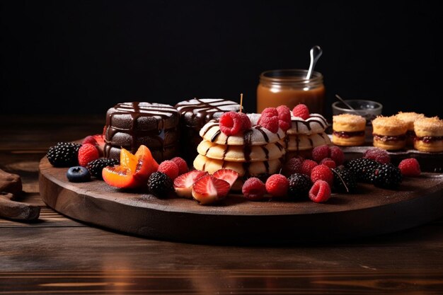 Various delicious desserts on wooden board