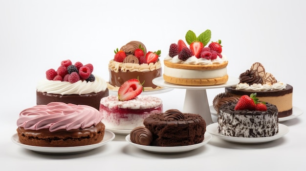 Различные вкусные кондитерские десерты и тарелки сладких пирожных на белом фоне