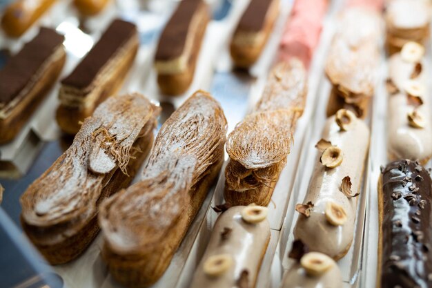 Various delicious sweet pastries in the shop window