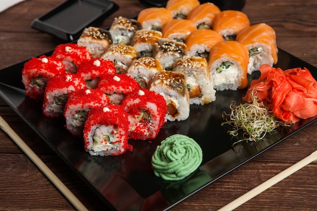 Various delicious Types of Sushi Rolls.