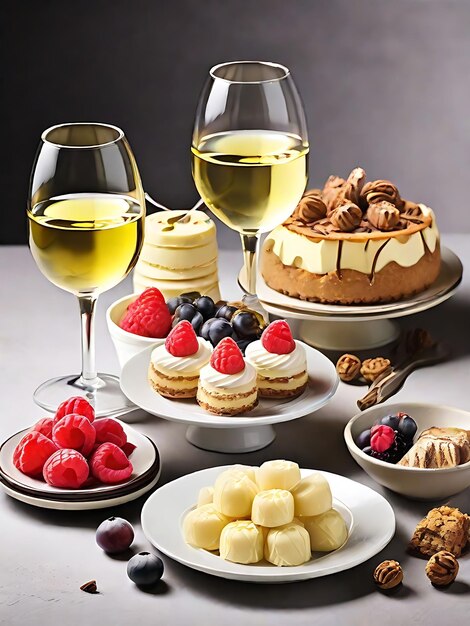 Various dessert and glass of white wine