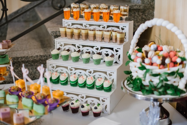 Various desserts and cake on the buffet table at the wedding