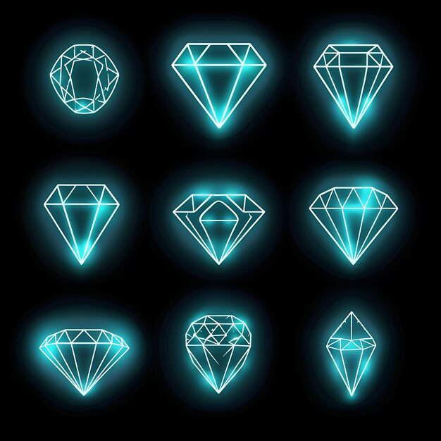 Various of Diamond Icons With Sparkling Neon Glow in Dotted Outline Neon Shape Y2K Art Design
