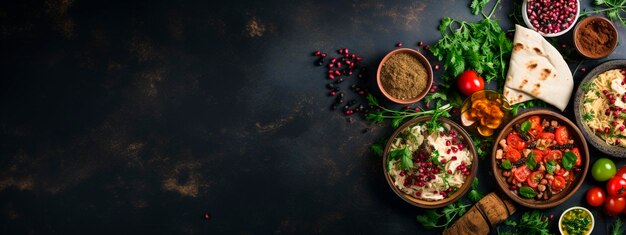 Foto diversi piatti della cucina araba sulla tavola focus selettivo