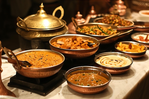 Various Dishes on a Table with Soup Bowls