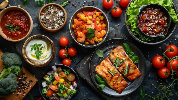 Фото Различные блюда с овощами, рыбой и соусами на черном каменном столе
