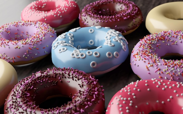 Various donut on wooden table 3d rendering