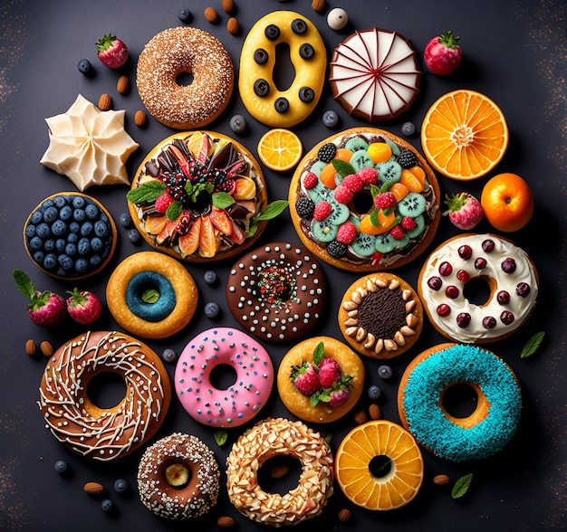 Various donuts top view junk food bake