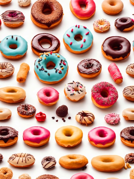 Various donuts on white background