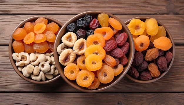 Various dried fruits in bowl On a Wooden background