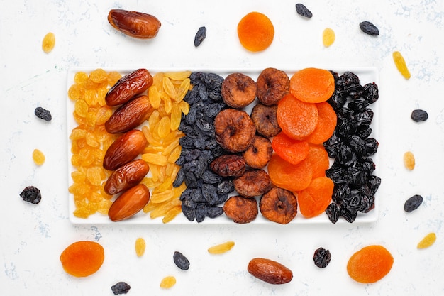 Various dried fruits,dates,plums,raisins,figs, top view