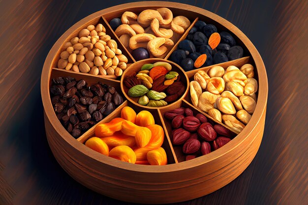 Various dried fruits and nuts in wooden dish Generative Ai