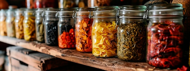 Various dried vegetables and fruits in jars Selective focus