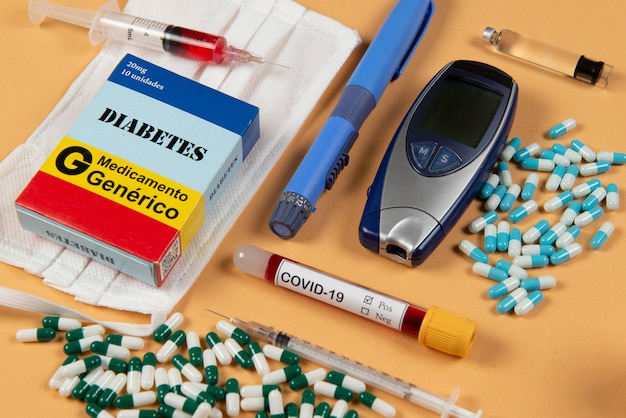 Various elements of medicine on a green background