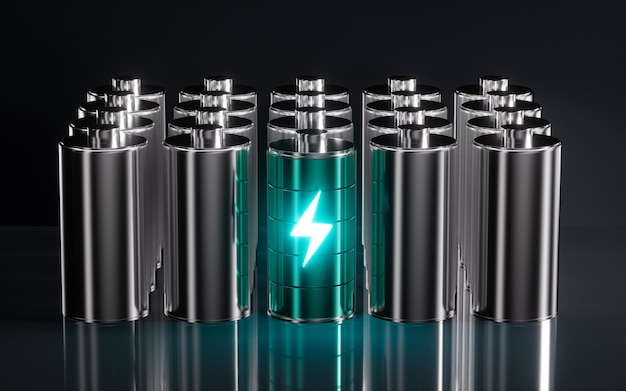 Various energy alkaline batteries 3d rendering