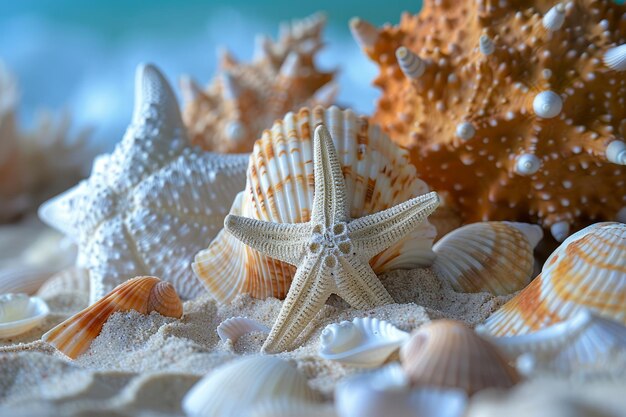 Various Exotic Seashells on Beach Sand with Starfish Centerpiece for Summer Backgrounds or Marine