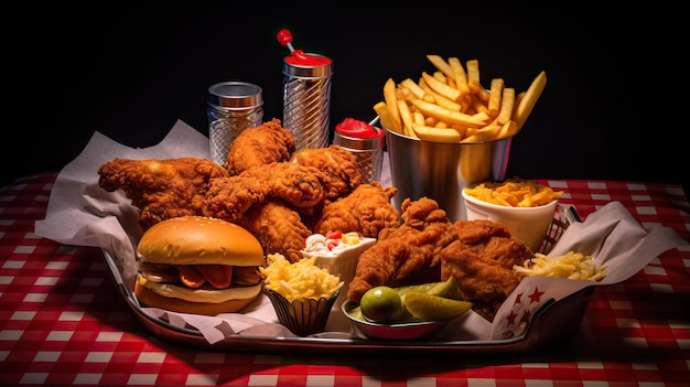 Various of fast food with fried chicken on a table