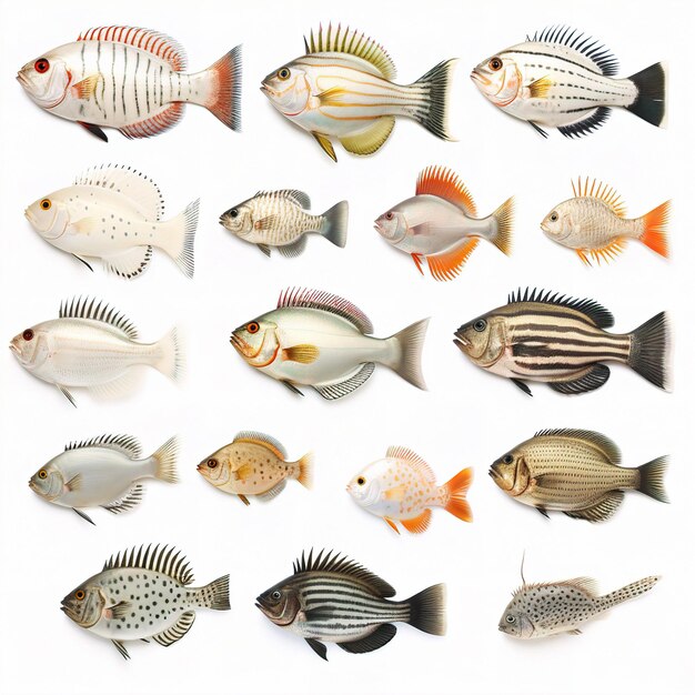 Premium Photo  Various fish as images on white background texture