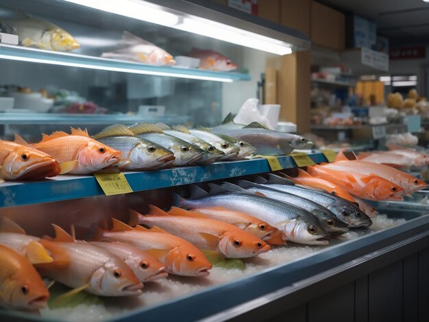 Foto diversi pesci sul bancone del negozio di pesce