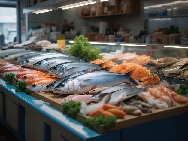 Diversi pesci sul bancone del negozio di pesce