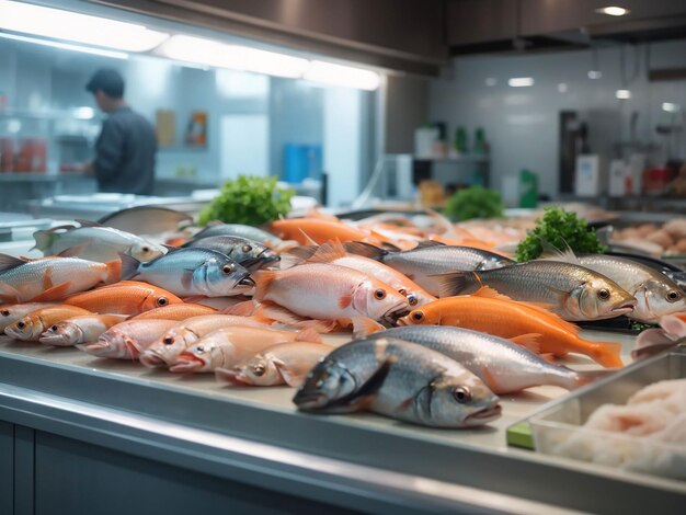 Various fish on the counter fish shop