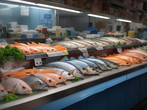 Photo various fish on the counter fish shop