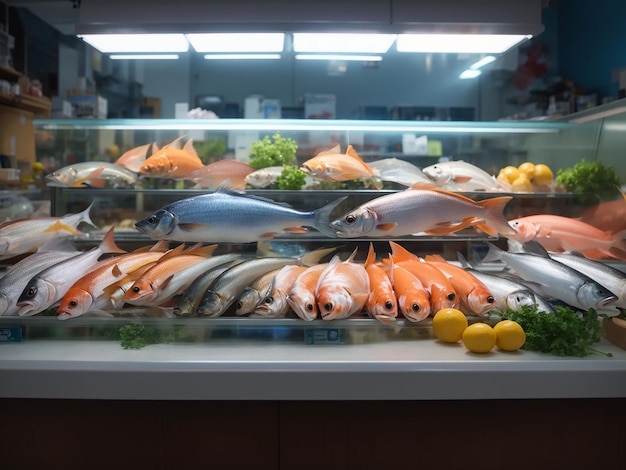 Various fish on the counter fish shop