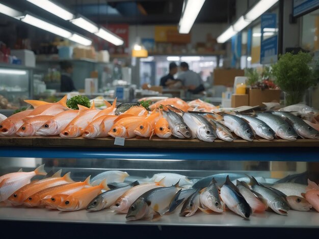 Various fish on the counter fish shop