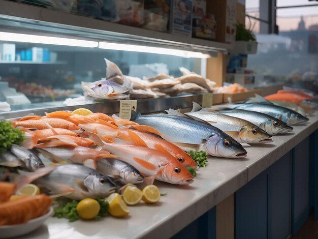 Diversi pesci sul bancone del negozio di pesce