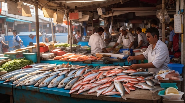 Various fish on the counter fish shop