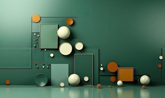 Various flat geometric shapes on a green background Selective soft focus
