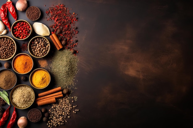 Photo various flavorful seasoning cooking herb spices collection background with the blank minimalist copy