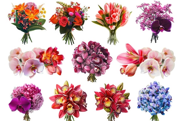 Various flower bouquets isolated on white background