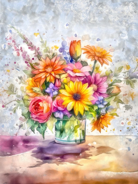 Различные цветы букет в вазе акварель ИИ иллюстрация