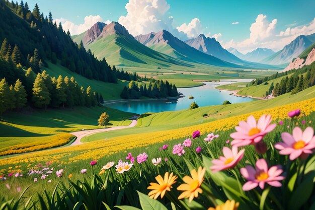 Various flowers on the green grass and the mountains in the distance are blue sky white clouds