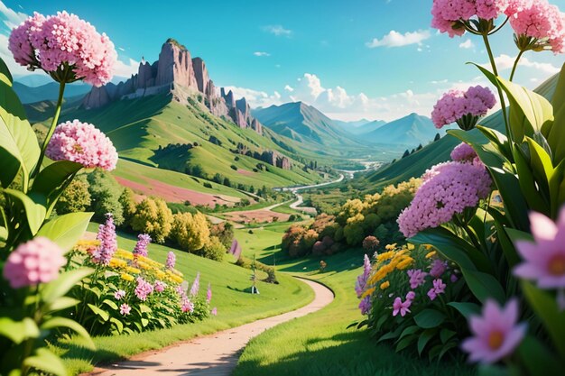 Various flowers on the green grass and the mountains in the distance are blue sky white clouds