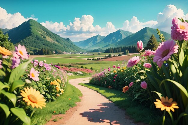 Various flowers on the green grass and the mountains in the distance are blue sky white clouds