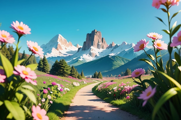 Various flowers on the green grass and the mountains in the distance are blue sky white clouds