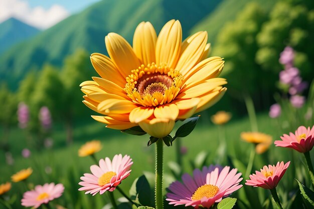 Various flowers on the green grass and the mountains in the distance are blue sky white clouds