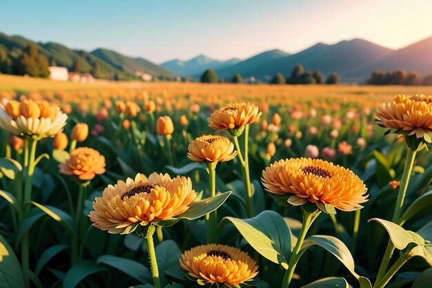 Various flowers on the green grass and the mountains in the distance are blue sky white clouds