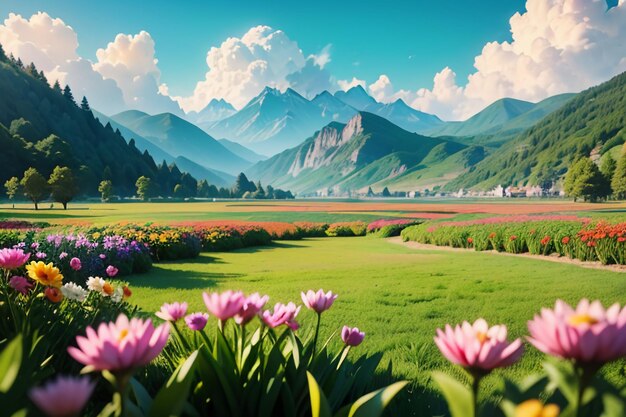 Various flowers on the green grass and the mountains in the distance are blue sky white clouds