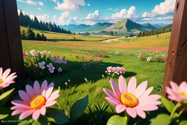 Various flowers on the green grass and the mountains in the distance are blue sky white clouds