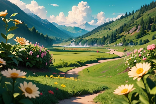 Various flowers on the green grass and the mountains in the distance are blue sky white clouds