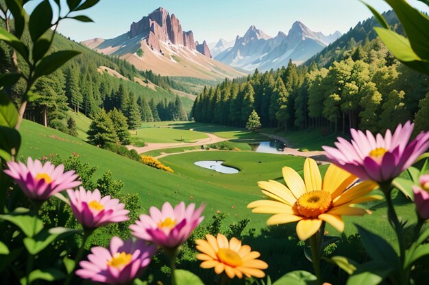 Various flowers on the green grass and the mountains in the distance are blue sky white clouds